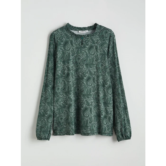 LCW Grace Yeşil Fırfırlı Dik Yaka Desenli Bluz