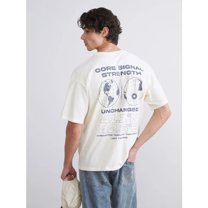 XSIDE Bej Bisiklet Yaka Baskılı Penye Erkek Tişört