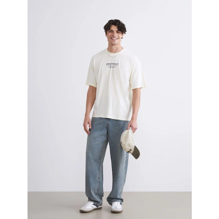 XSIDE Bej Bisiklet Yaka Baskılı Penye Erkek Tişört