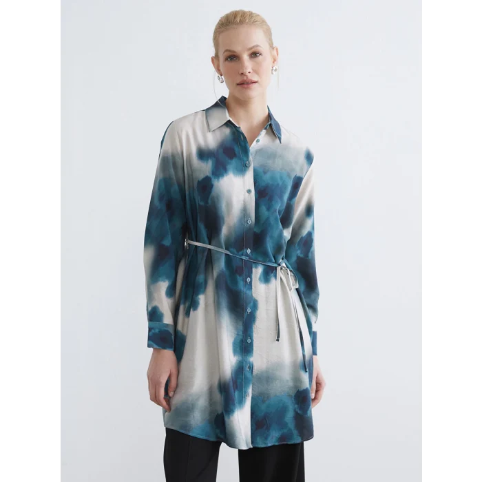 LCWAIKIKI Classic Yeşil Desenli Kuşaklı Kadın Gömlek Tunik