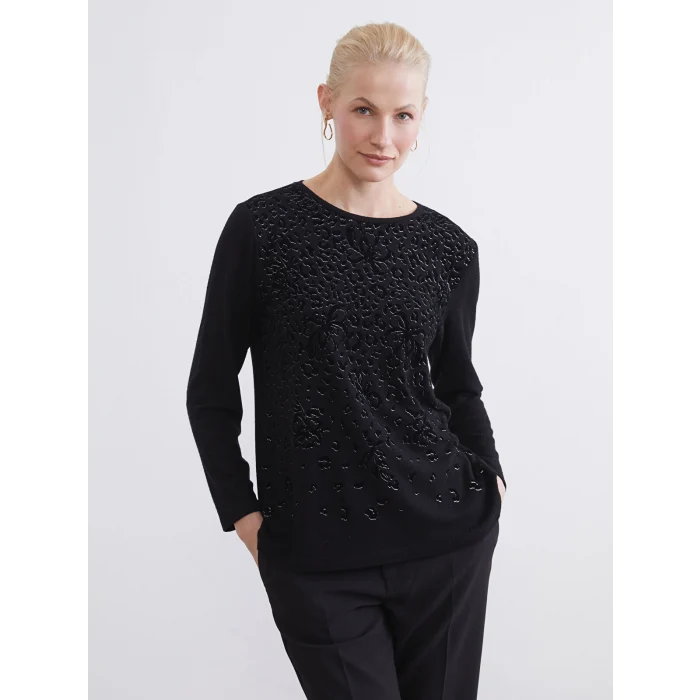 LCW Grace Siyah Bisiklet Yaka Desenli Kadın Tişört