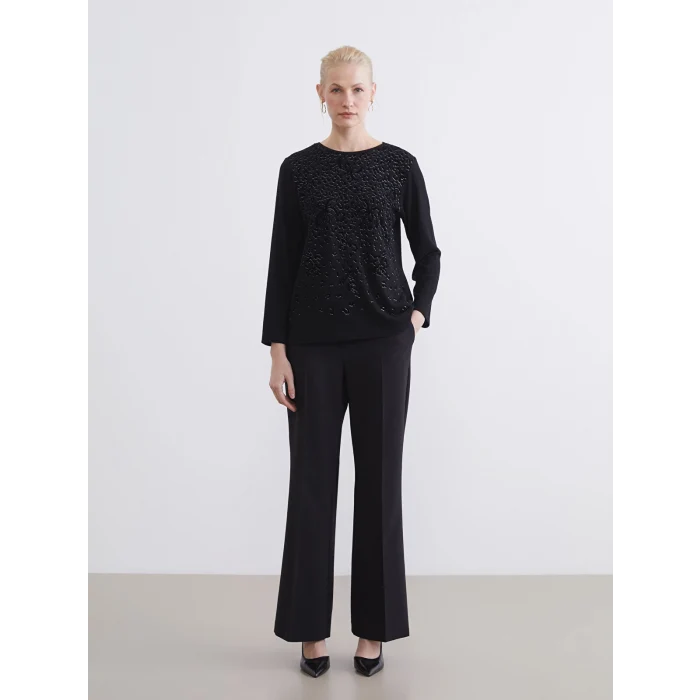 LCW Grace Siyah Bisiklet Yaka Desenli Kadın Tişört