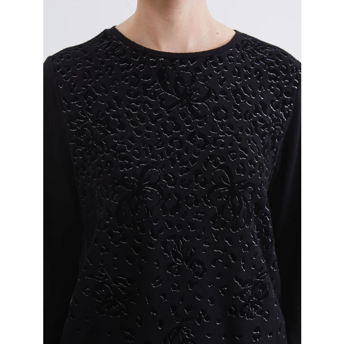 LCW Grace Siyah Bisiklet Yaka Desenli Kadın Tişört