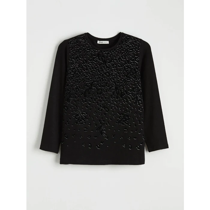 LCW Grace Siyah Bisiklet Yaka Desenli Kadın Tişört