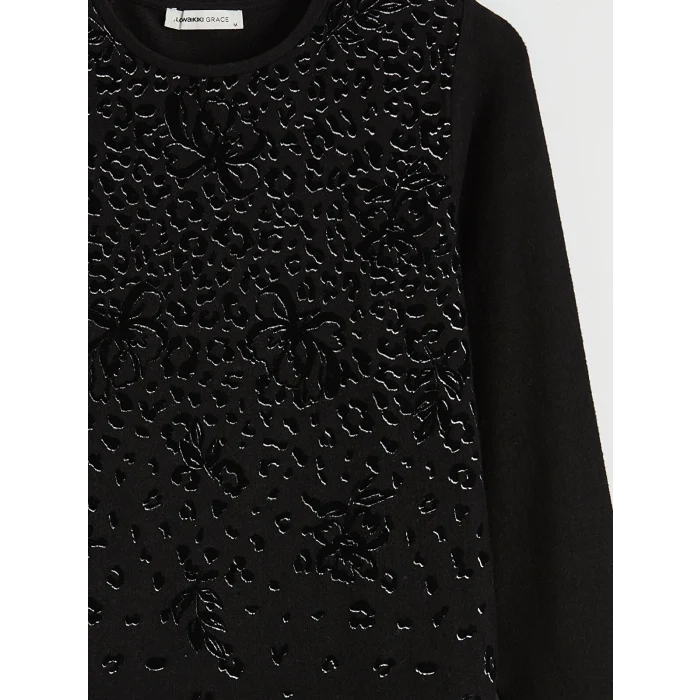 LCW Grace Siyah Bisiklet Yaka Desenli Kadın Tişört