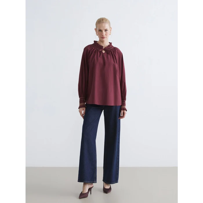 LCW Grace Mürdüm Fırfırlı Bağlamalı Yaka Nakışlı Bluz