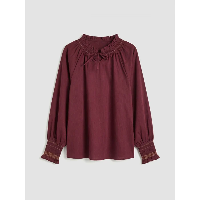 LCW Grace Mürdüm Fırfırlı Bağlamalı Yaka Nakışlı Bluz