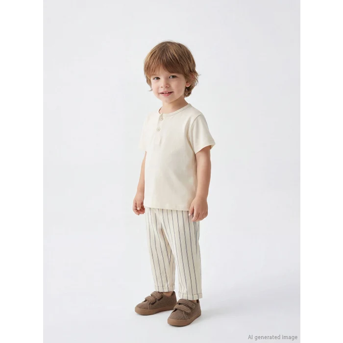 LCW baby Ekru Erkek Bebek Keten Görünümlü Tişört ve Pantolon