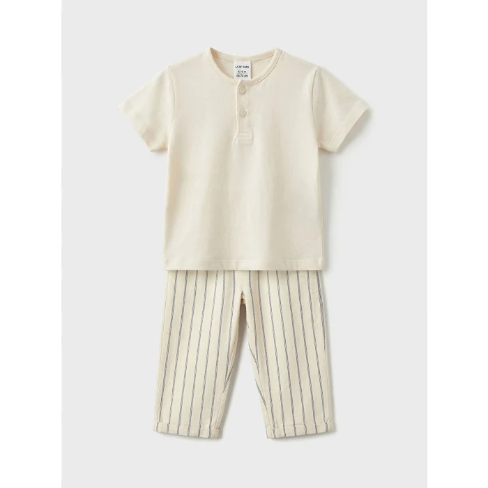 LCW baby Ekru Erkek Bebek Keten Görünümlü Tişört ve Pantolon
