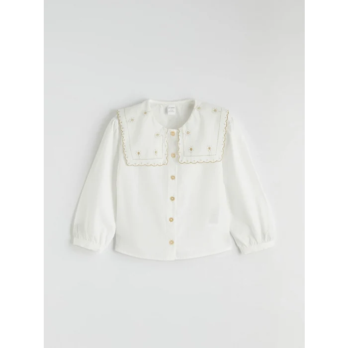 LCW Kids Ekru Çiçek Nakışlı Kız Çocuk Poplin Gömlek