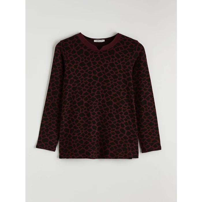 LCW Grace Bordo Kaçık Yaka Leopar Desenli Kadın Tişört