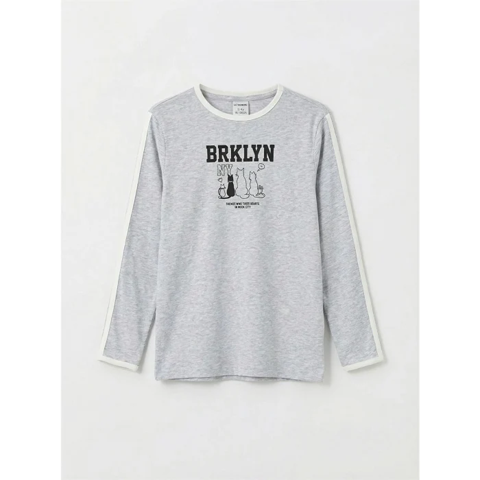 LCW Kids Gri Baskılı Uzun Kollu Kız Çocuk Tişört