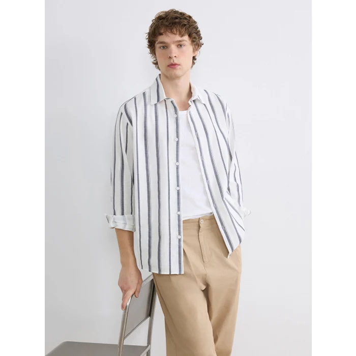 XSIDE Lacivert Regular Fit Çizgili Keten Görünümlü Erkek Gömlek