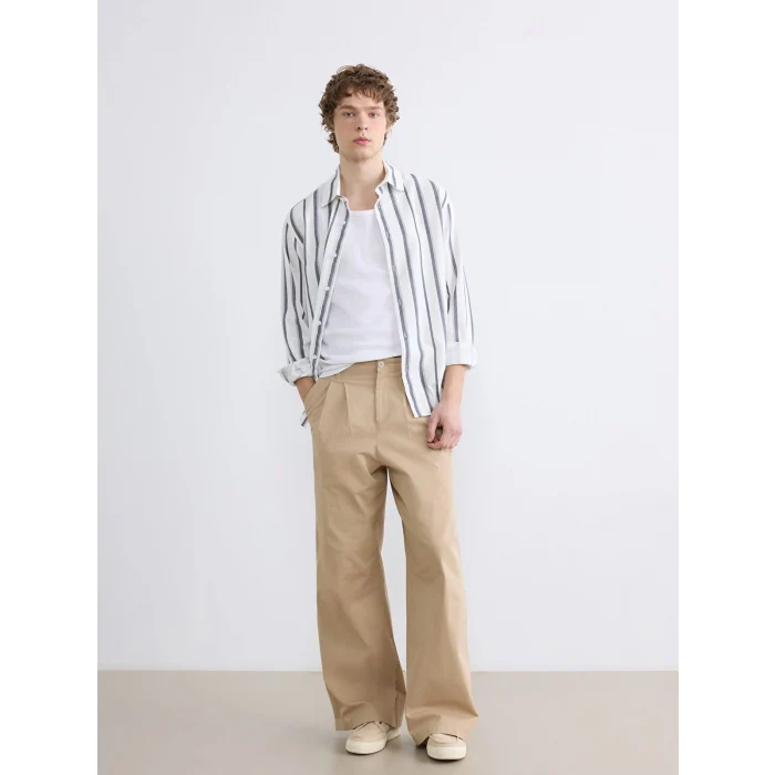 XSIDE Lacivert Regular Fit Çizgili Keten Görünümlü Erkek Gömlek