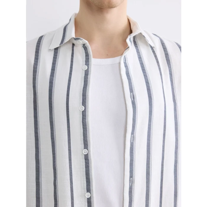XSIDE Lacivert Regular Fit Çizgili Keten Görünümlü Erkek Gömlek