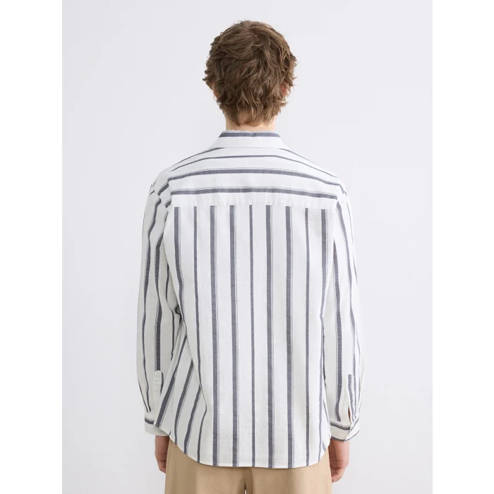 XSIDE Lacivert Regular Fit Çizgili Keten Görünümlü Erkek Gömlek