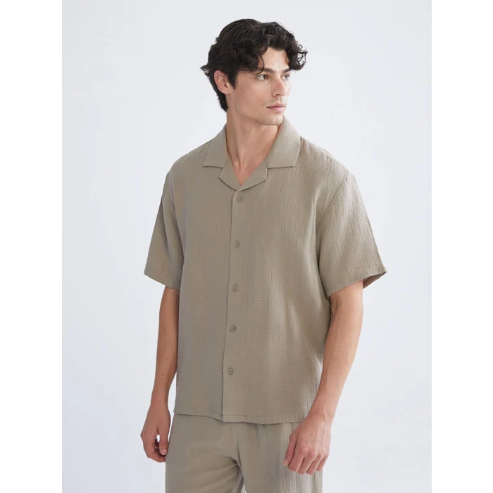 XSIDE Kahverengi Rahat Kalıp Resort Yaka Kısa Kollu Müslin Erkek Gömlek