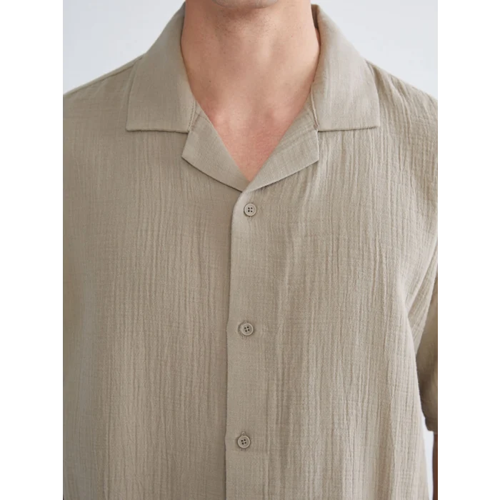 XSIDE Kahverengi Rahat Kalıp Resort Yaka Kısa Kollu Müslin Erkek Gömlek