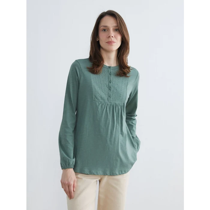 LCW Grace Yeşil Bisiklet Yaka Nakışlı Bluz