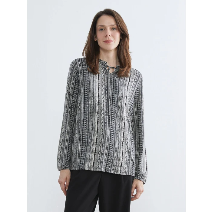 LCW Grace Siyah Bağlamalı Yaka Desenli Bluz
