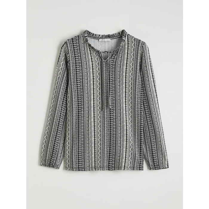 LCW Grace Siyah Bağlamalı Yaka Desenli Bluz