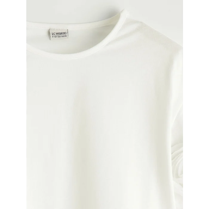 LCW Kids Ekru Bisiklet Yaka Nakışlı Kız Çocuk Tişört