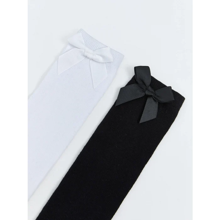 LCW Kids Beyaz Fiyonk Detaylı Kız Çocuk Diz Altı Çorap 2li