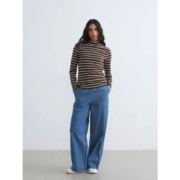 LCW Modest Ekru Dik Yaka Çizgili Kadın Body