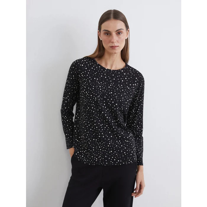 LCW Grace Siyah Bisiklet Yaka Desenli Bluz