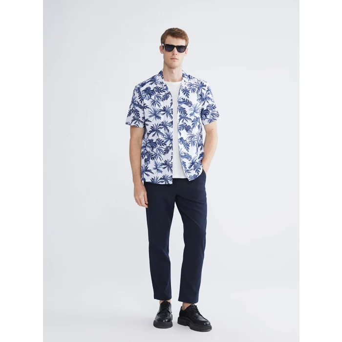 SOUTHBLUE Ekru Regular Fit Resort Yaka Kısa Kollu Desenli Poplin Erkek Gömlek