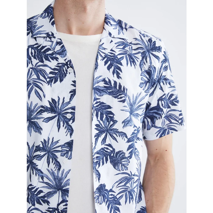 SOUTHBLUE Ekru Regular Fit Resort Yaka Kısa Kollu Desenli Poplin Erkek Gömlek