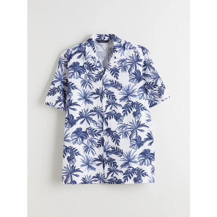 SOUTHBLUE Ekru Regular Fit Resort Yaka Kısa Kollu Desenli Poplin Erkek Gömlek