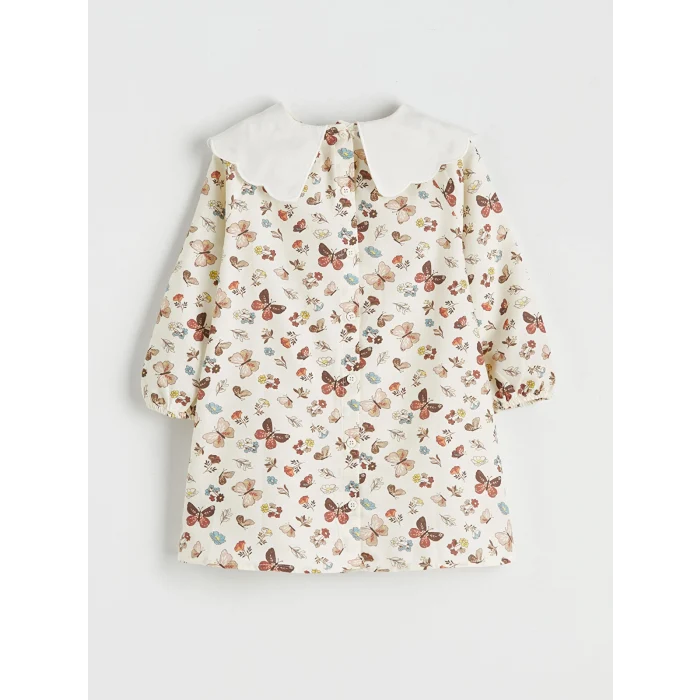 LCW Kids Ekru Bebe Yaka Baskılı Kız Çocuk Elbise