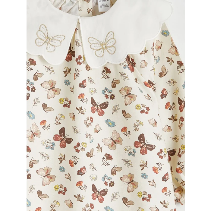 LCW Kids Ekru Bebe Yaka Baskılı Kız Çocuk Elbise