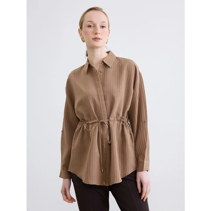 LCWAIKIKI Classic Kahverengi Beli Bağcıklı Çizgili Kadın Gömlek Tunik