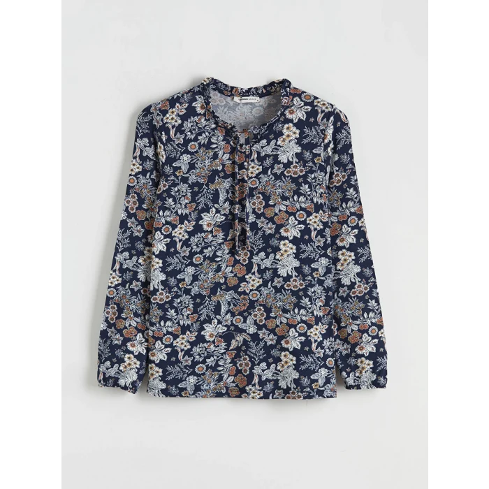 LCW Grace Lacivert Bağlamalı Yaka Çiçekli Bluz