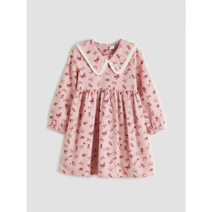 LCW Kids Pembe Bebe Yaka Desenli Kız Çocuk Gabardin Elbise