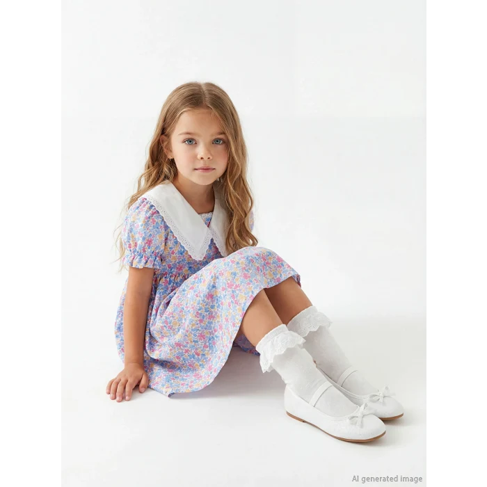 LCW Kids Ekru Baskılı Keten Görünümlü Kız Çocuk Elbise