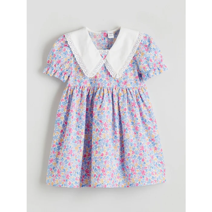 LCW Kids Ekru Baskılı Keten Görünümlü Kız Çocuk Elbise