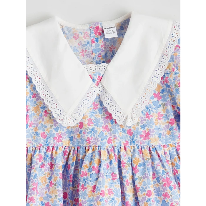 LCW Kids Ekru Baskılı Keten Görünümlü Kız Çocuk Elbise