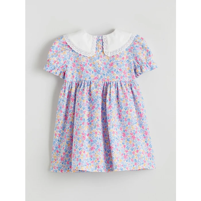 LCW Kids Ekru Baskılı Keten Görünümlü Kız Çocuk Elbise