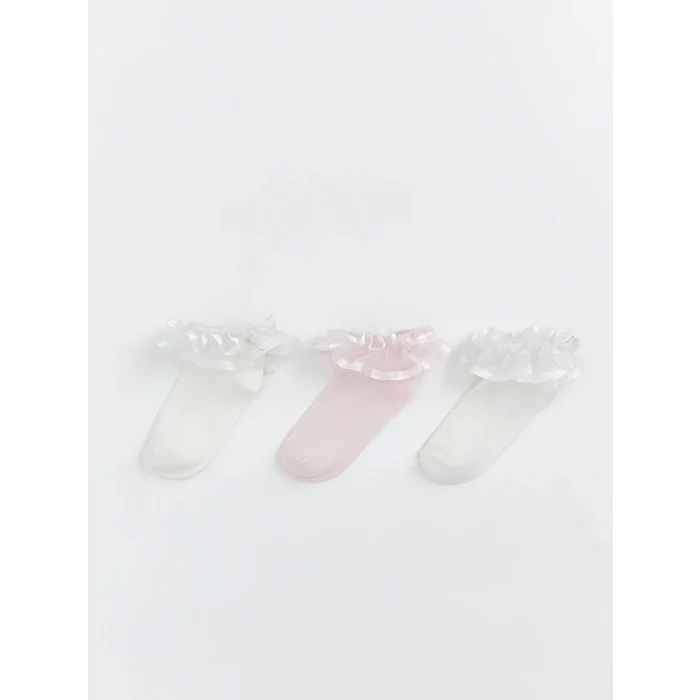 LCW baby Ekru Kız Bebek Tül Detaylı Patik Çorap 3lü