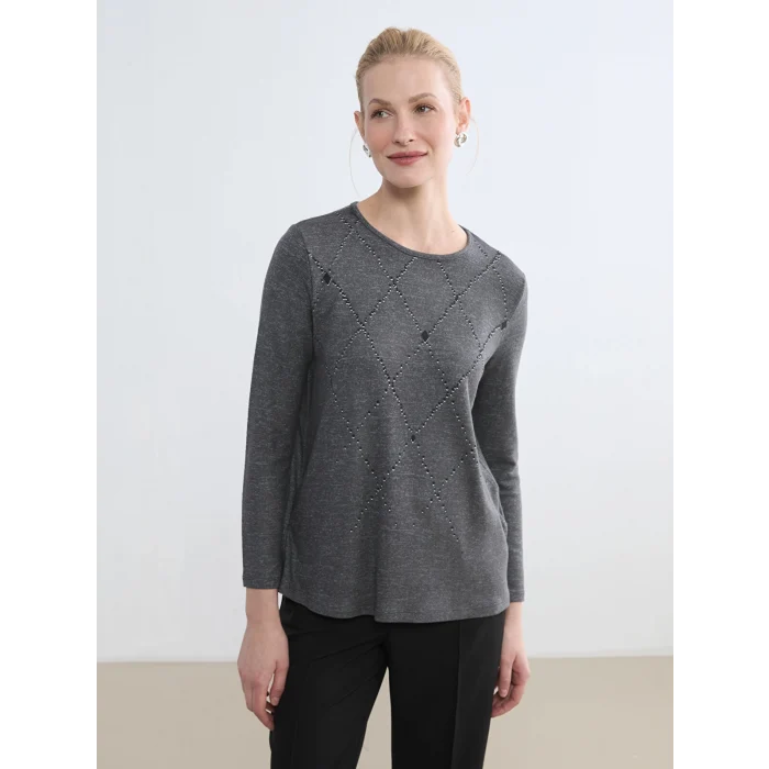 LCW Grace Antrasit Bisiklet Yaka Desenli Kadın Tişört