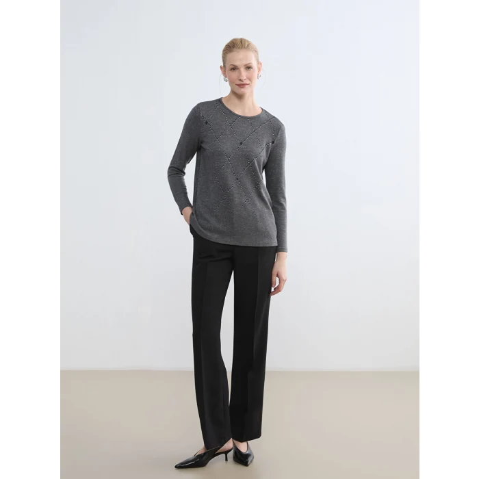 LCW Grace Antrasit Bisiklet Yaka Desenli Kadın Tişört