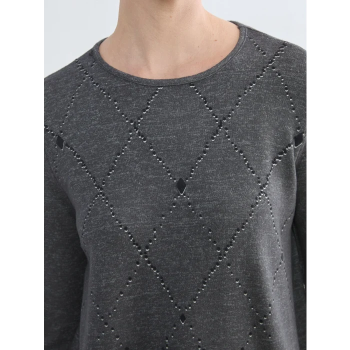 LCW Grace Antrasit Bisiklet Yaka Desenli Kadın Tişört