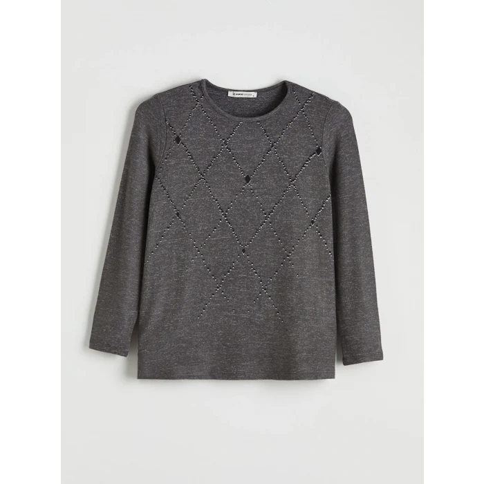 LCW Grace Antrasit Bisiklet Yaka Desenli Kadın Tişört