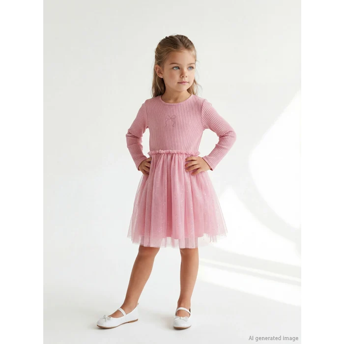 LCW Kids Pembe Bisiklet Yaka Fiyonklu Kız Çocuk Elbise