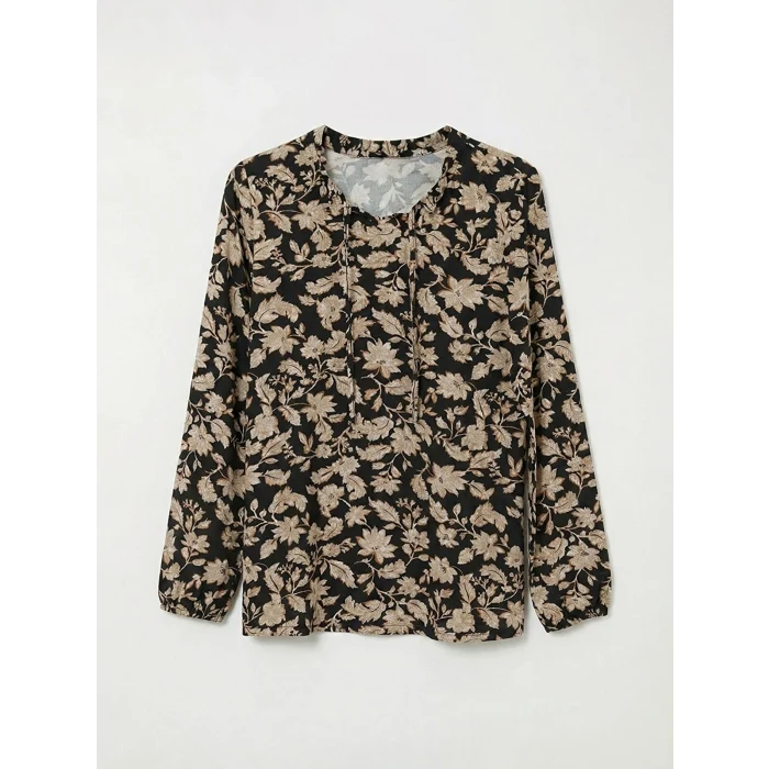 LCW Grace Siyah Bağlamalı Yaka Çiçekli Bluz
