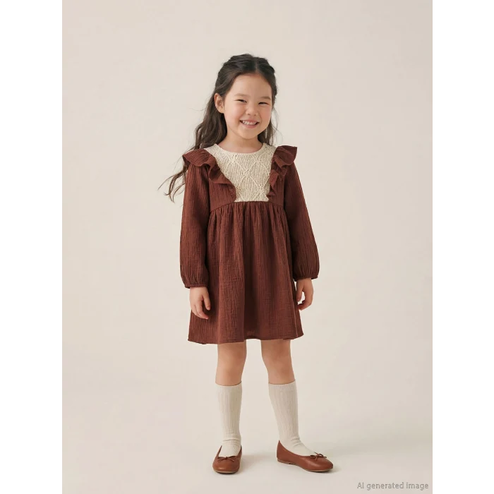 LCW Kids Kahverengi Fırfırlı Nakışlı Kız Bebek Müslin Elbise