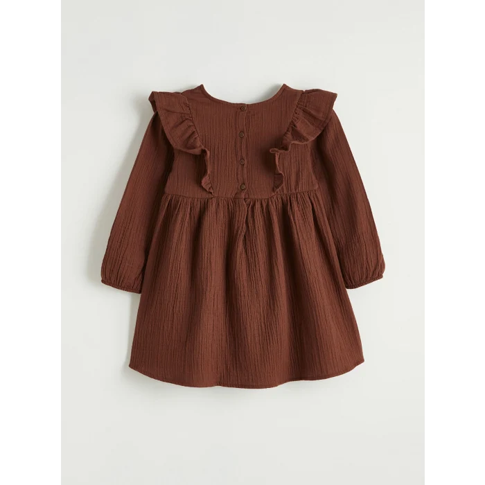LCW Kids Kahverengi Fırfırlı Nakışlı Kız Bebek Müslin Elbise
